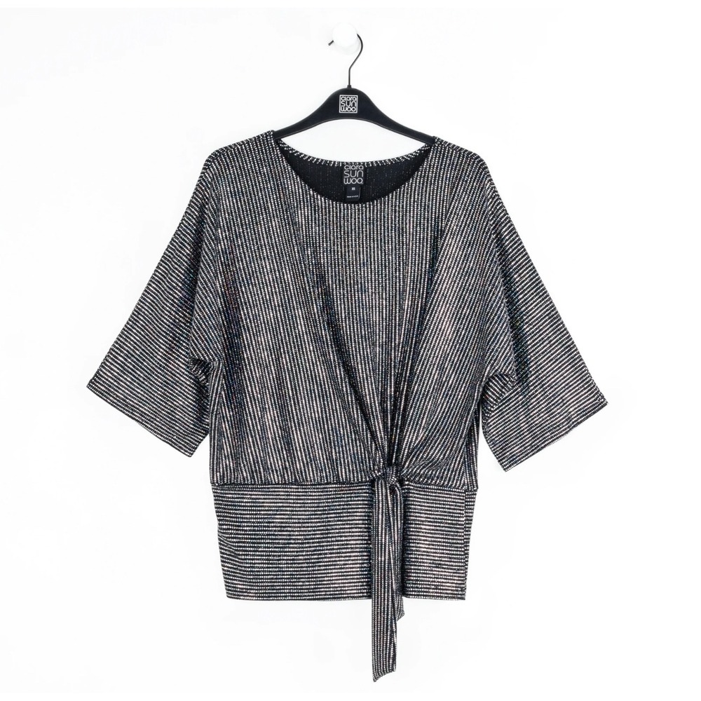 Clara Sunwoo Metallic Silver pinstripe Shimmer Sequin Side Tie Top women's small